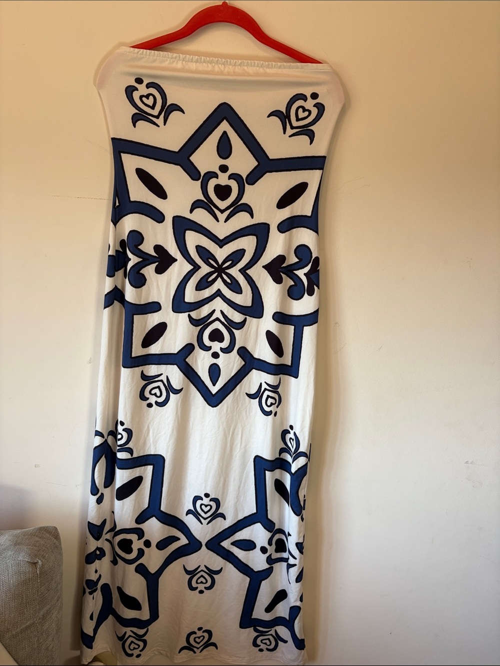 SHEIN White Strapless Maxi Dress with Navy Tile Print